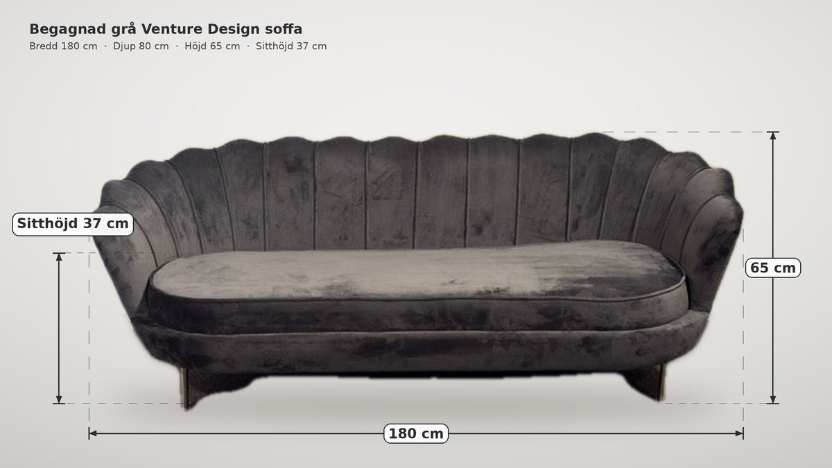 Måttskiss grå Venture Design soffa: bredd 180 cm, höjd 65 cm, sitthöjd 37 cm