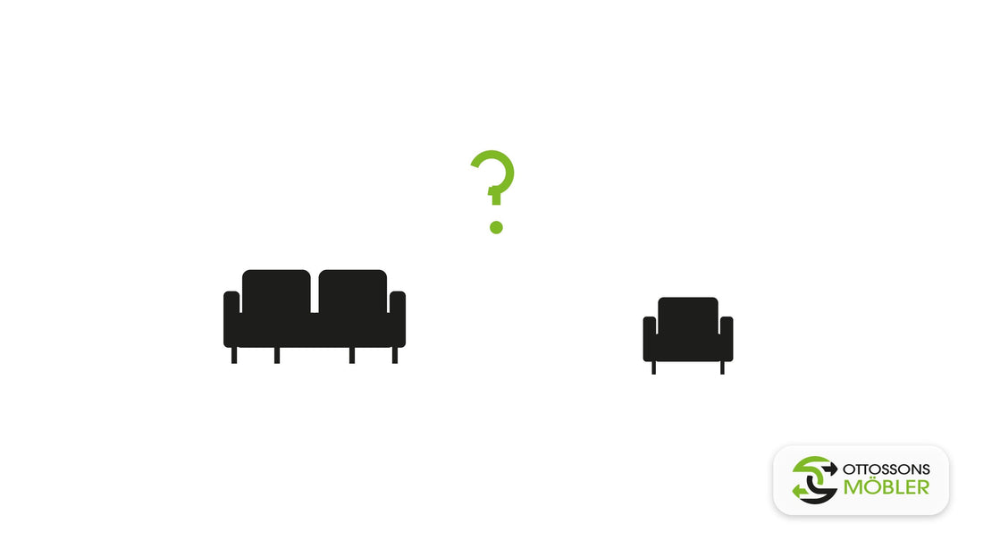Två möbler med frågetecken – illustration: Blocket vs Ottossons Möbler, vad kostar tiden?
