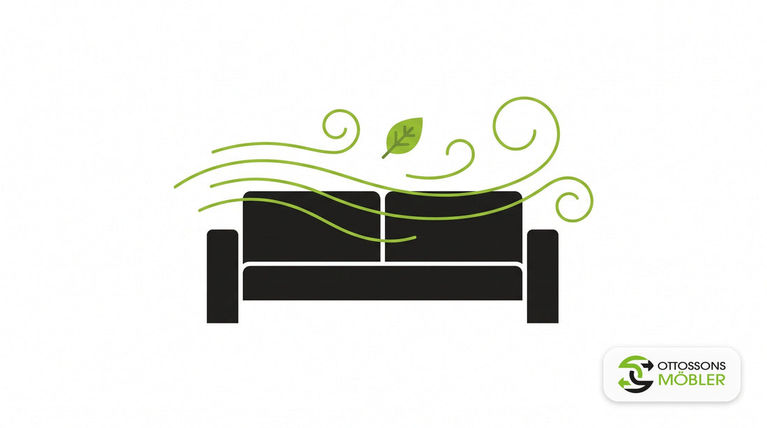Illustration av en soffa med gröna vindlinjer och ett löv, symbol för att få bort lukt från möbler – Ottossons Möbler
