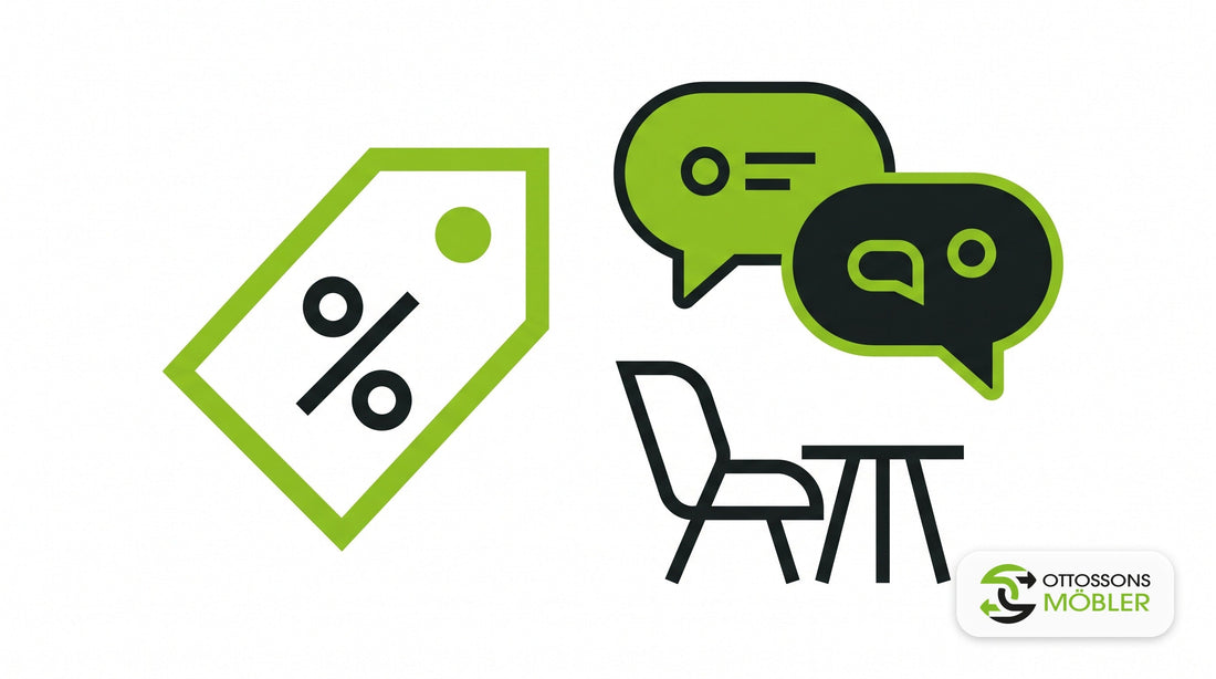 Illustration av en prislapp med procenttecken och pratbubblor, symbol för att pruta på begagnade möbler – Ottossons Möbler