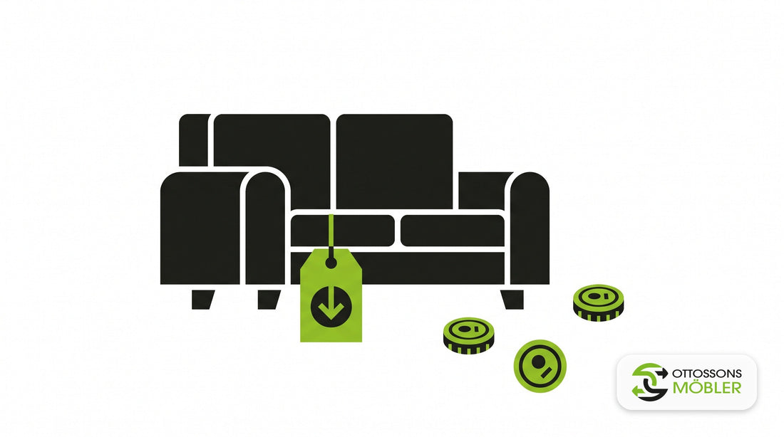 Illustration av en soffa med rabattprislapp, symbol för att hitta billiga möbler – Ottossons Möbler