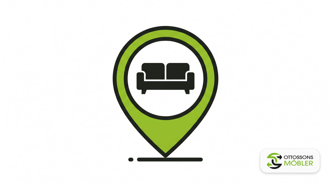 Illustration av en kartnål med en soffa, symbol för att hitta begagnade möbler – Ottossons Möbler