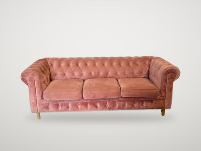 Begagnad rosa chesterfieldsoffa i sammet, 3-sits