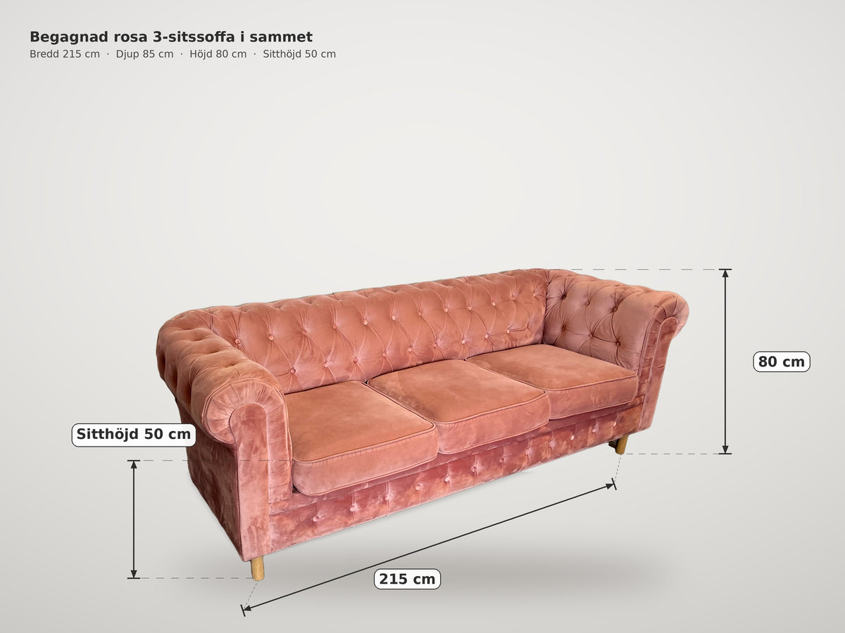 Måttskiss rosa 3-sitssoffa: bredd 215 cm, djup 85 cm, höjd 80 cm, sitthöjd 50 cm