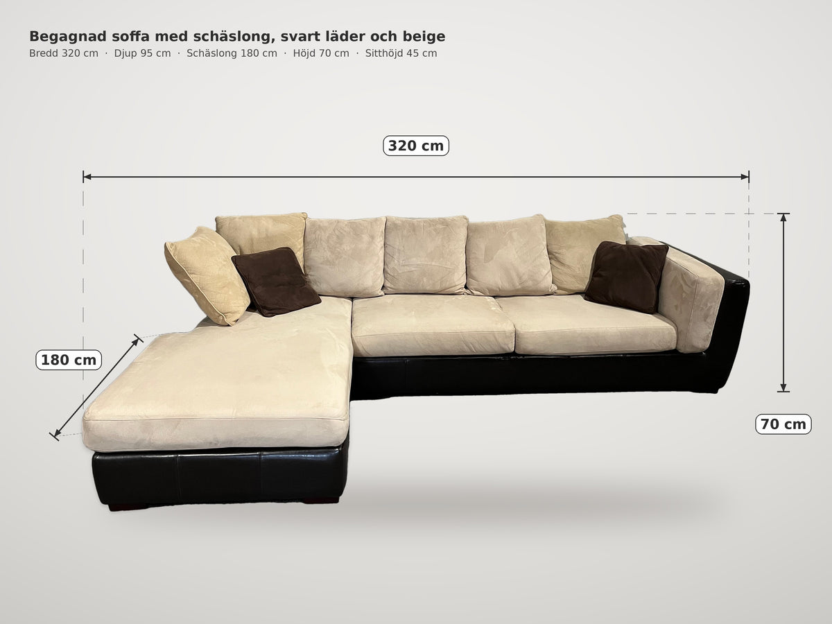 Måttskiss soffa med schäslong: bredd 320 cm, schäslong 180 cm, höjd 70 cm