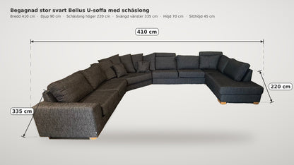 Måttskiss begagnad Bellus U-soffa: bredd 410 cm, schäslong 220 och 335 cm, höjd 70 cm