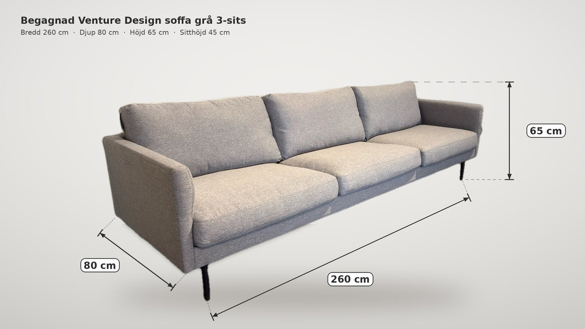 Måttskiss Venture Design soffa grå 3-sits: bredd 260 cm, djup 80 cm, höjd 65 cm