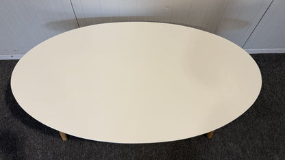 Närbild på bordsskiva och träben på vitt soffbord