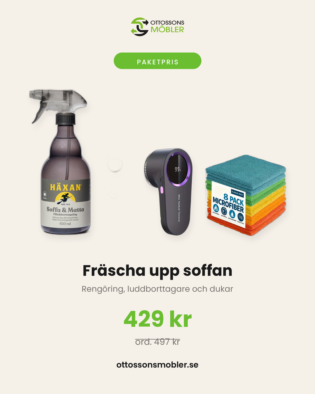 Paket för att fräscha upp soffan med Häxan Soffa och Matta, luddborttagare och mikrofiberdukar