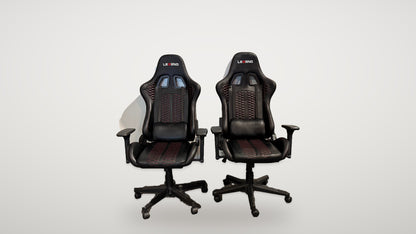 Begagnade svarta gamingstolar snett från sidan