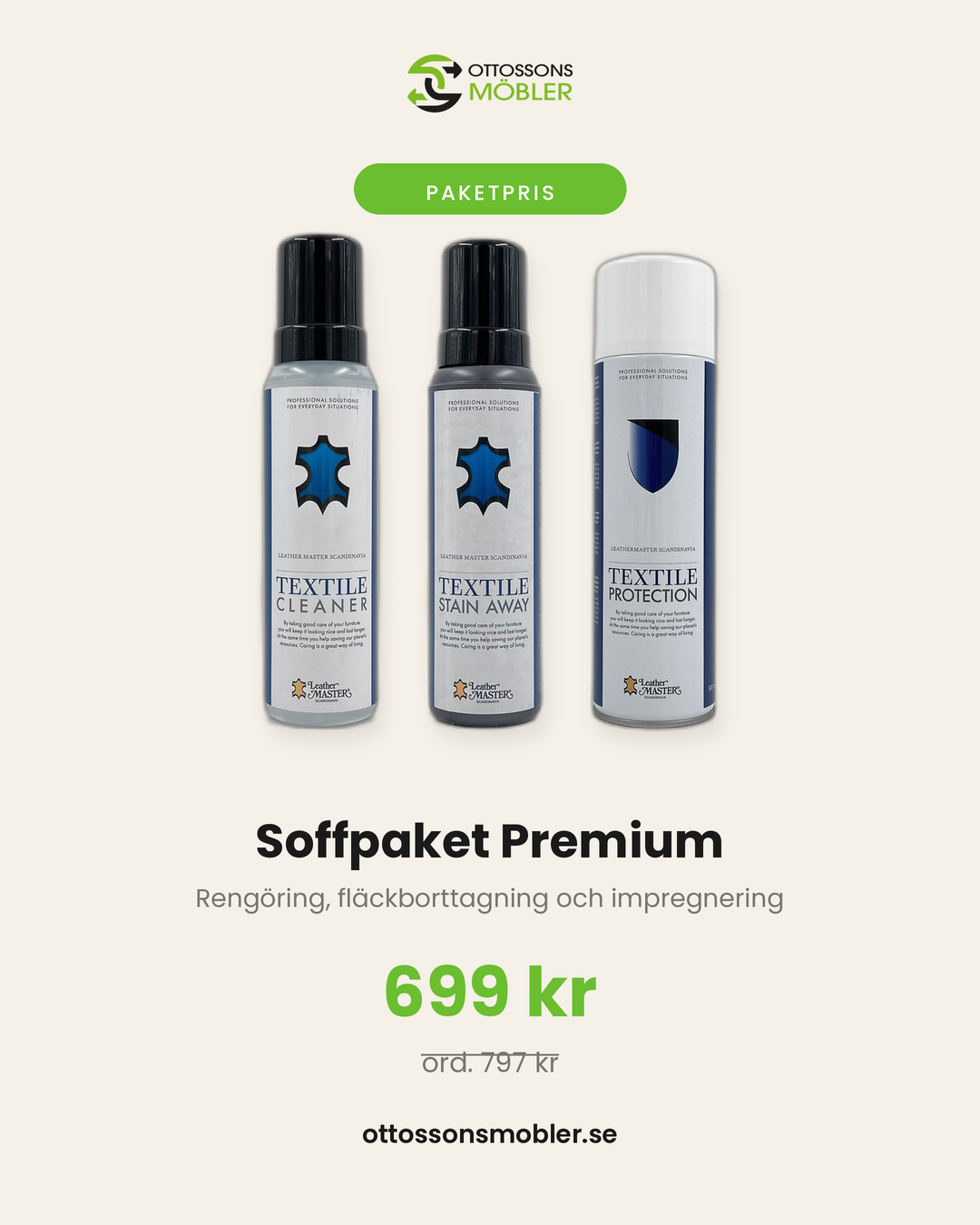 Soffpaket Premium med textilrengöring, fläckborttagning och impregnering från Leather Master