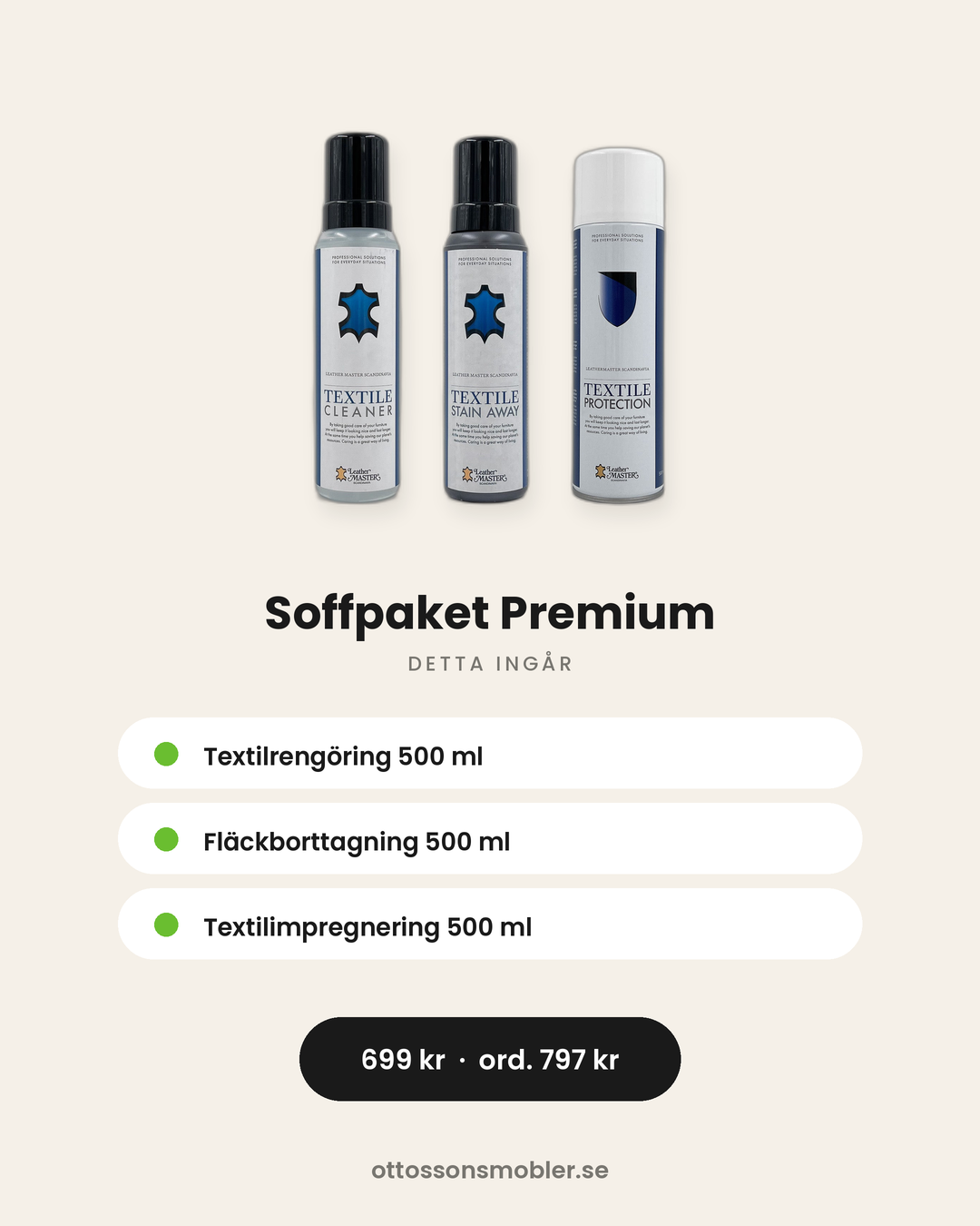 Innehåll i Soffpaket Premium, textilrengöring fläckborttagning och impregnering
