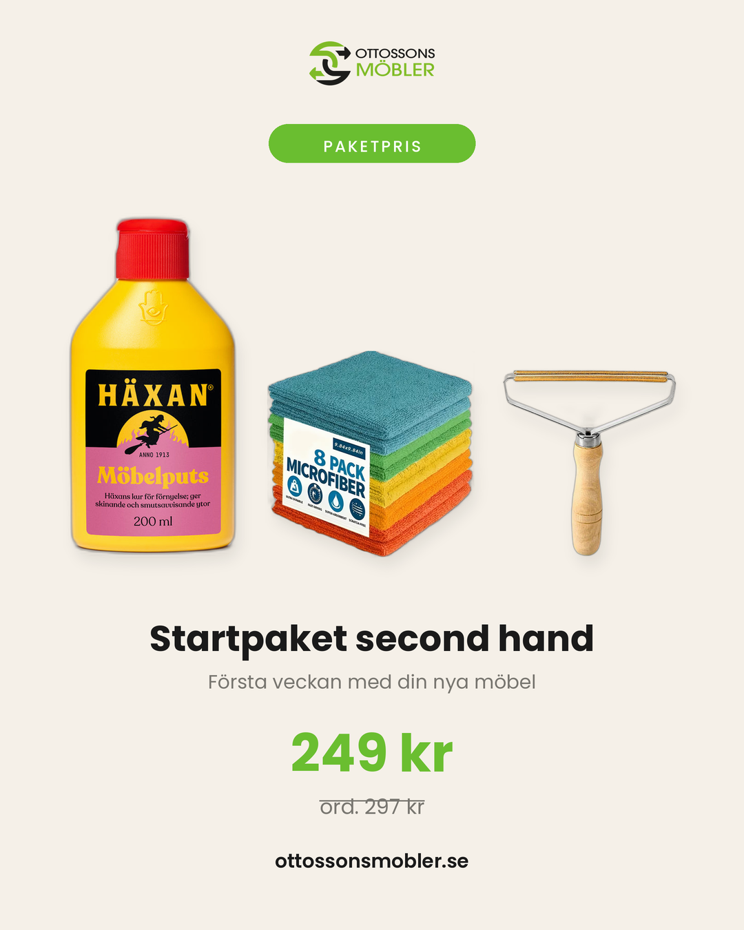 Startpaket second hand med Häxan Möbelputs, mikrofiberdukar och hårborttagare
