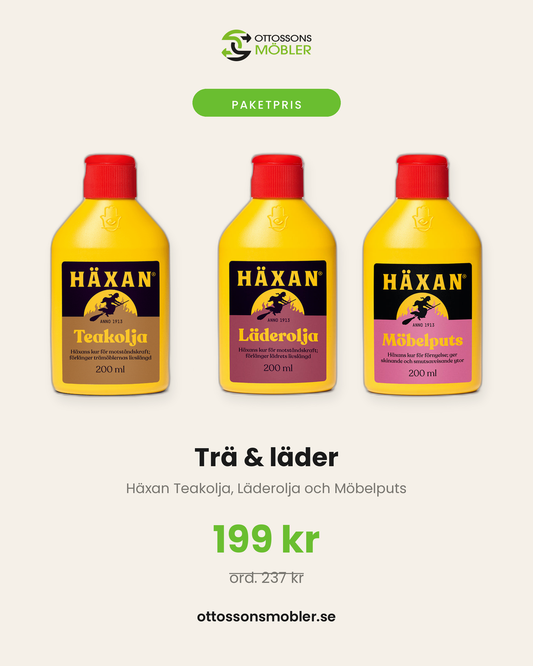 Trä och lädervårdspaket med Häxan Teakolja, Läderolja och Möbelputs