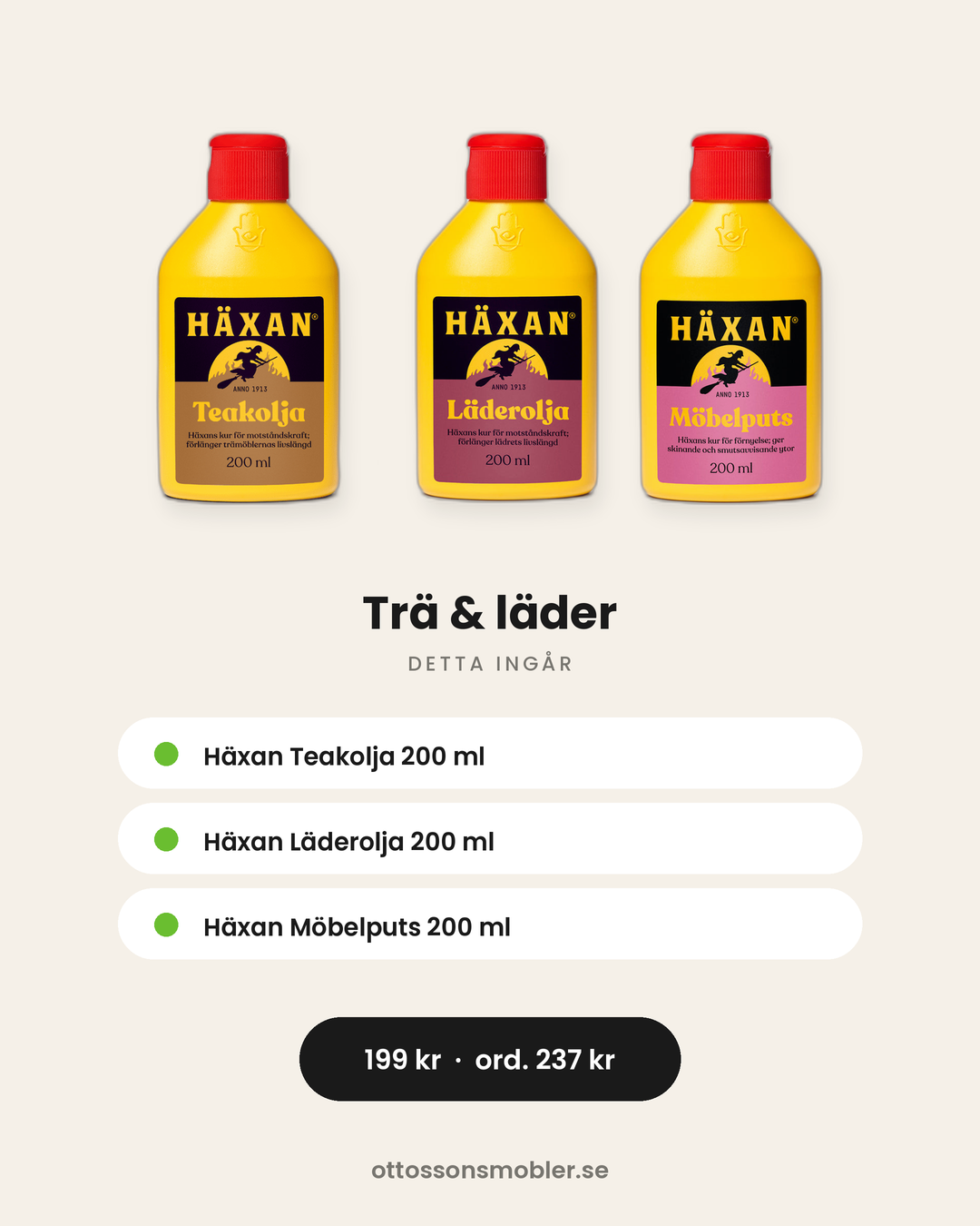 Innehåll i Häxan trä och lädervårdspaket 200 ml vardera
